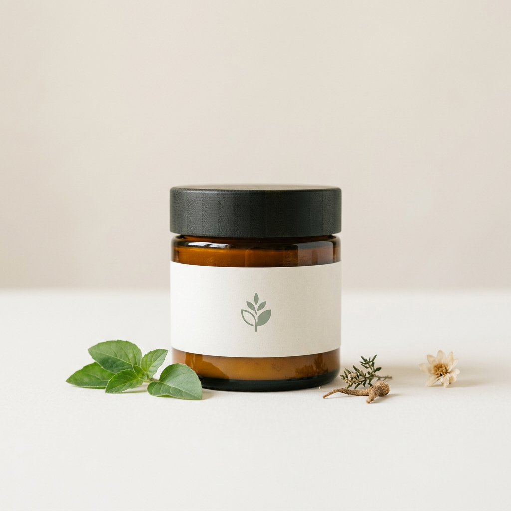 Jiva Herb Natural Skin Care Cream in an amber glass jar with natural botanical props